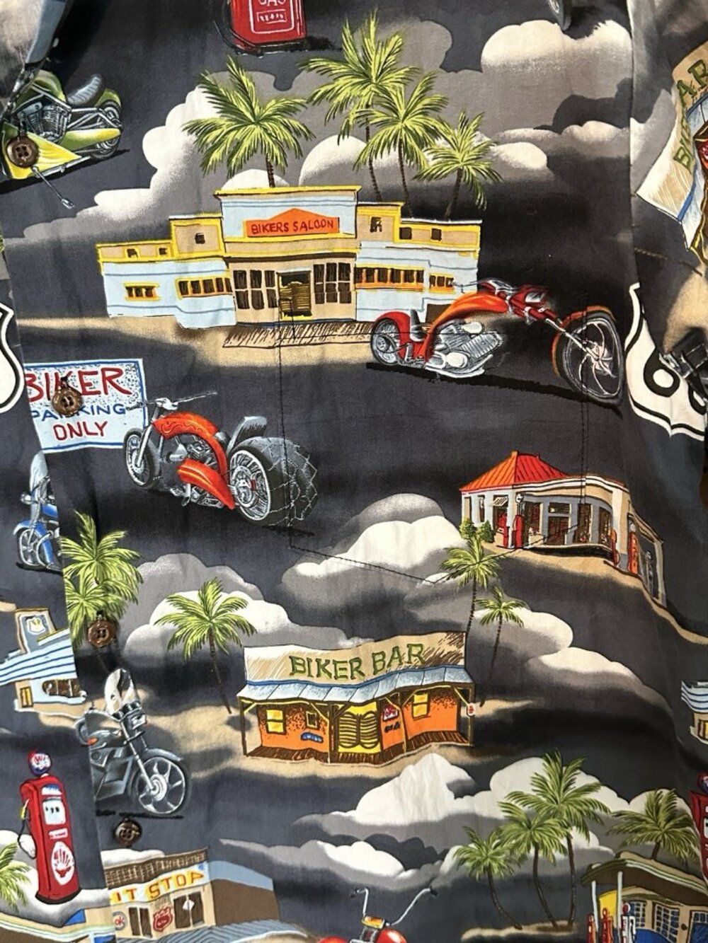 Vtg Aloha Republic Hawaiian Shirt Men’s Sz L? Motorcycle Biker Bar Rte 66 Camp